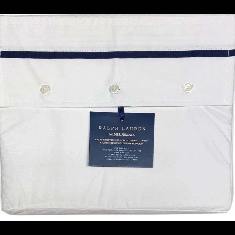 RALPH LAUREN Organic Cotton White Blue border KING FLAT SHEET Palmer Percale